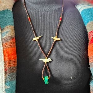 Vintage Native American Bird Fetish Necklace With Turquoise Stone and Coral Bead